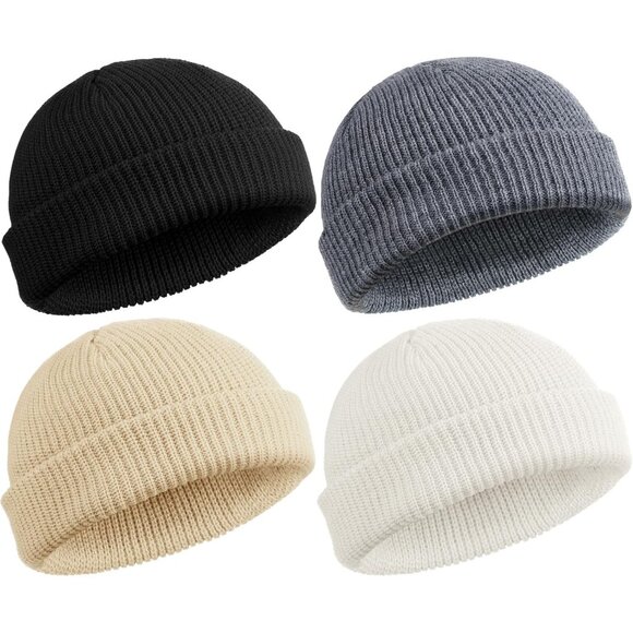 ⚡Unisex Black, Dark Gray, White, Apricot 4 Pieces Watch Hat Fisherman Beanie - Picture 1 of 7
